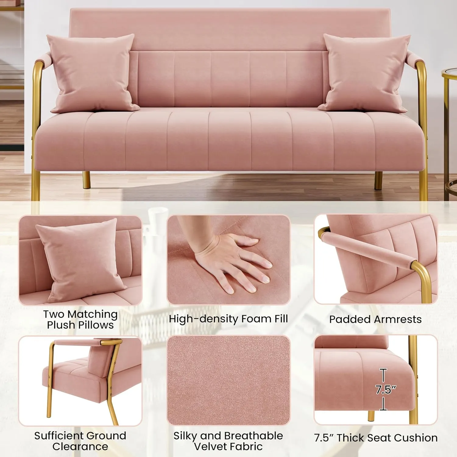 Yaheetech 56.5" W Modern Sofa Small Sofa Luxurious Velvet Fabric Couch with Gold-Tone Metal Arms and Legs for Living Room, Home Office, Studio Pink