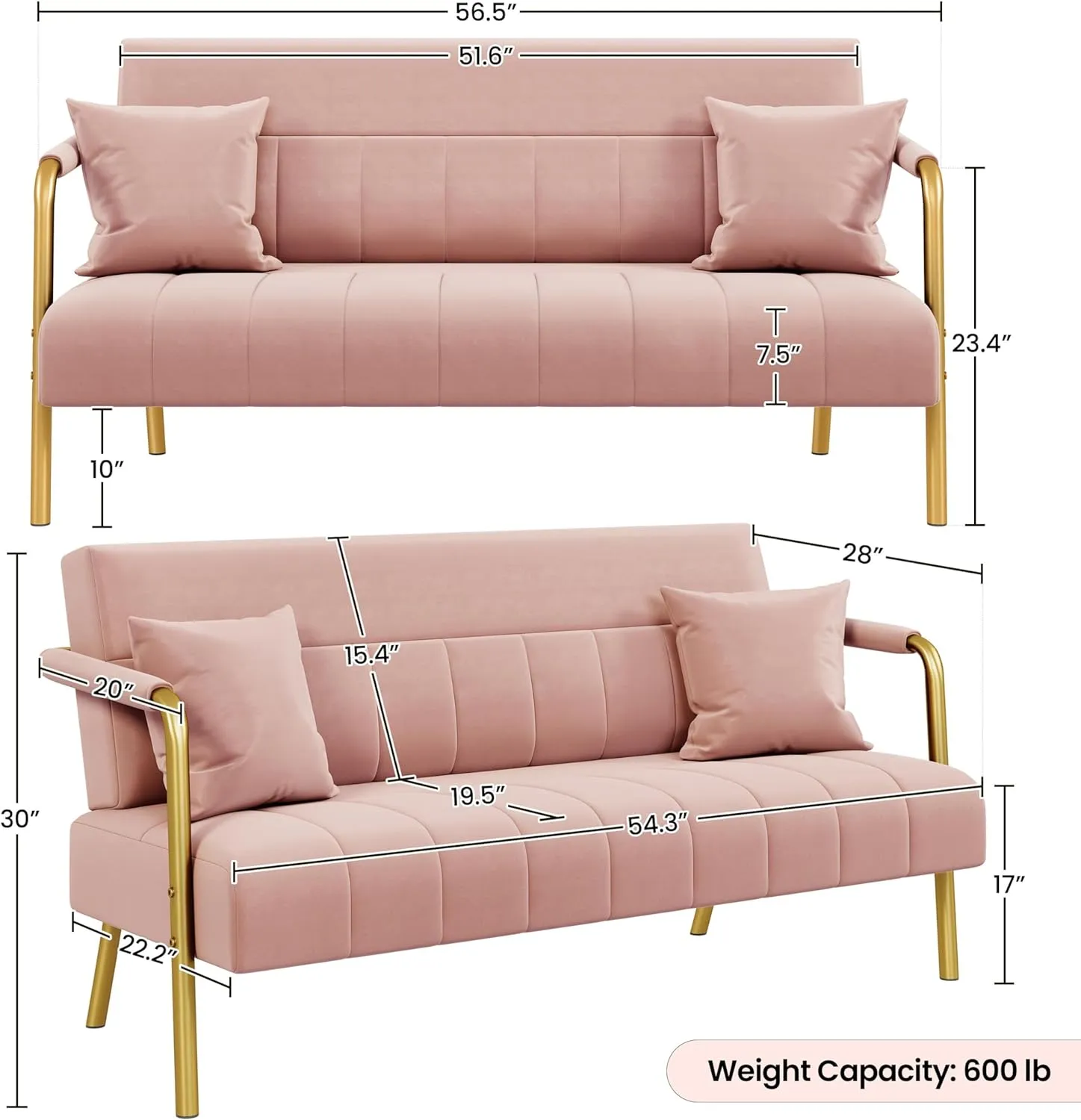 Yaheetech 56.5" W Modern Sofa Small Sofa Luxurious Velvet Fabric Couch with Gold-Tone Metal Arms and Legs for Living Room, Home Office, Studio Pink