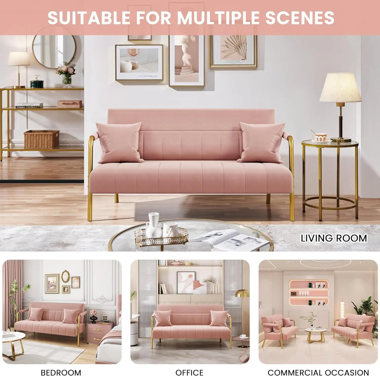 Yaheetech 56.5" W Modern Sofa Small Sofa Luxurious Velvet Fabric Couch with Gold-Tone Metal Arms and Legs for Living Room, Home Office, Studio Pink