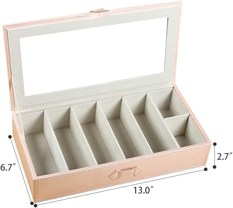 YAPISHI Leather Sunglasses Organizer Pink 7 Racks Eyeglasses Holder Desk Storage Box for Multiple Glasses, Clear Watch Eyewears Display Case for Home Dressertop Nightstand Table Accessories Sundries