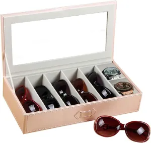 YAPISHI Leather Sunglasses Organizer Pink 7 Racks Eyeglasses Holder Desk Storage Box for Multiple Glasses, Clear Watch Eyewears Display Case for Home Dressertop Nightstand Table Accessories Sundries