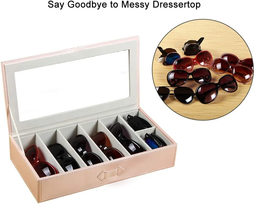 YAPISHI Leather Sunglasses Organizer Pink 7 Racks Eyeglasses Holder Desk Storage Box for Multiple Glasses, Clear Watch Eyewears Display Case for Home Dressertop Nightstand Table Accessories Sundries