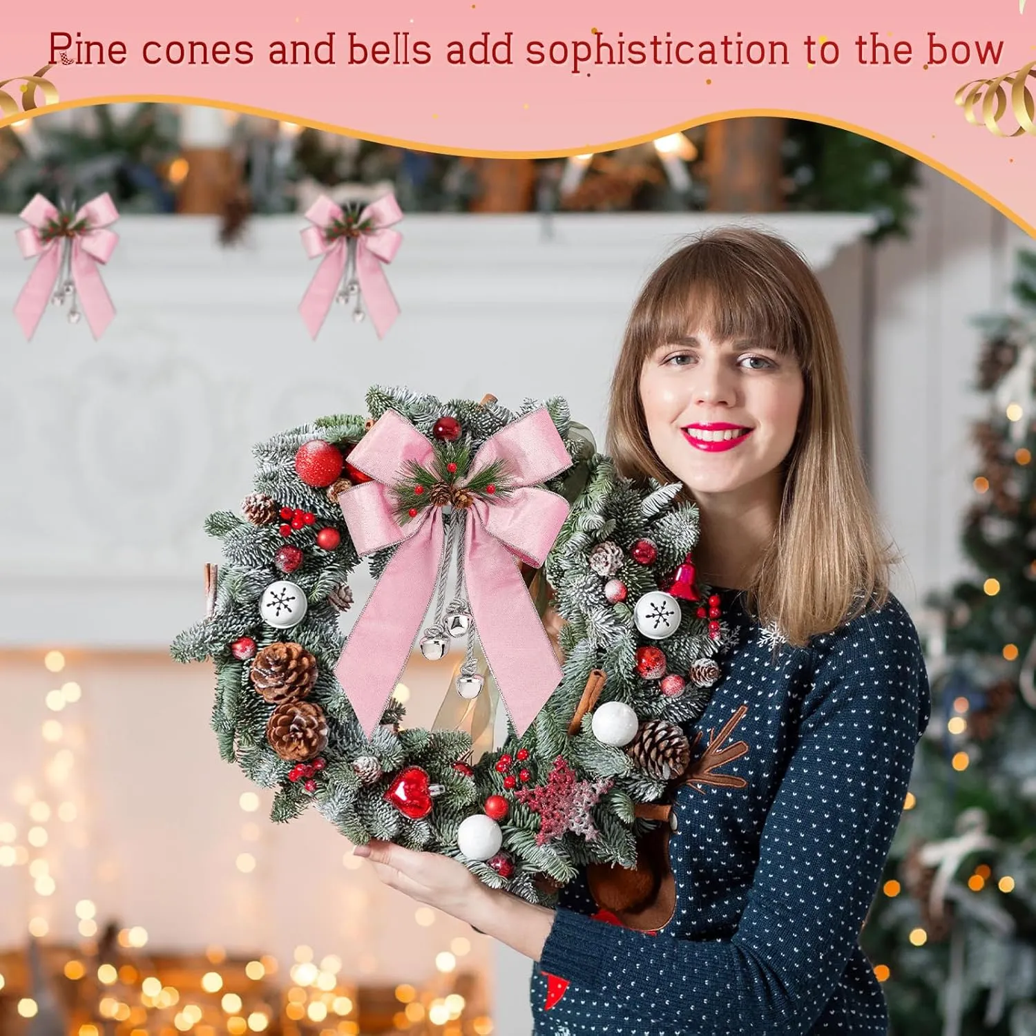 Yinkin Christmas Tree Wreath Bow Christmas Ribbon Bows with Bells 11 x 7.8 in Velvet Pine Cone Bowknot Xmas Tree Hanging Ornaments Decor for Home Xmas Party Outdoor Indoor(Rose Pink,4 Pcs)