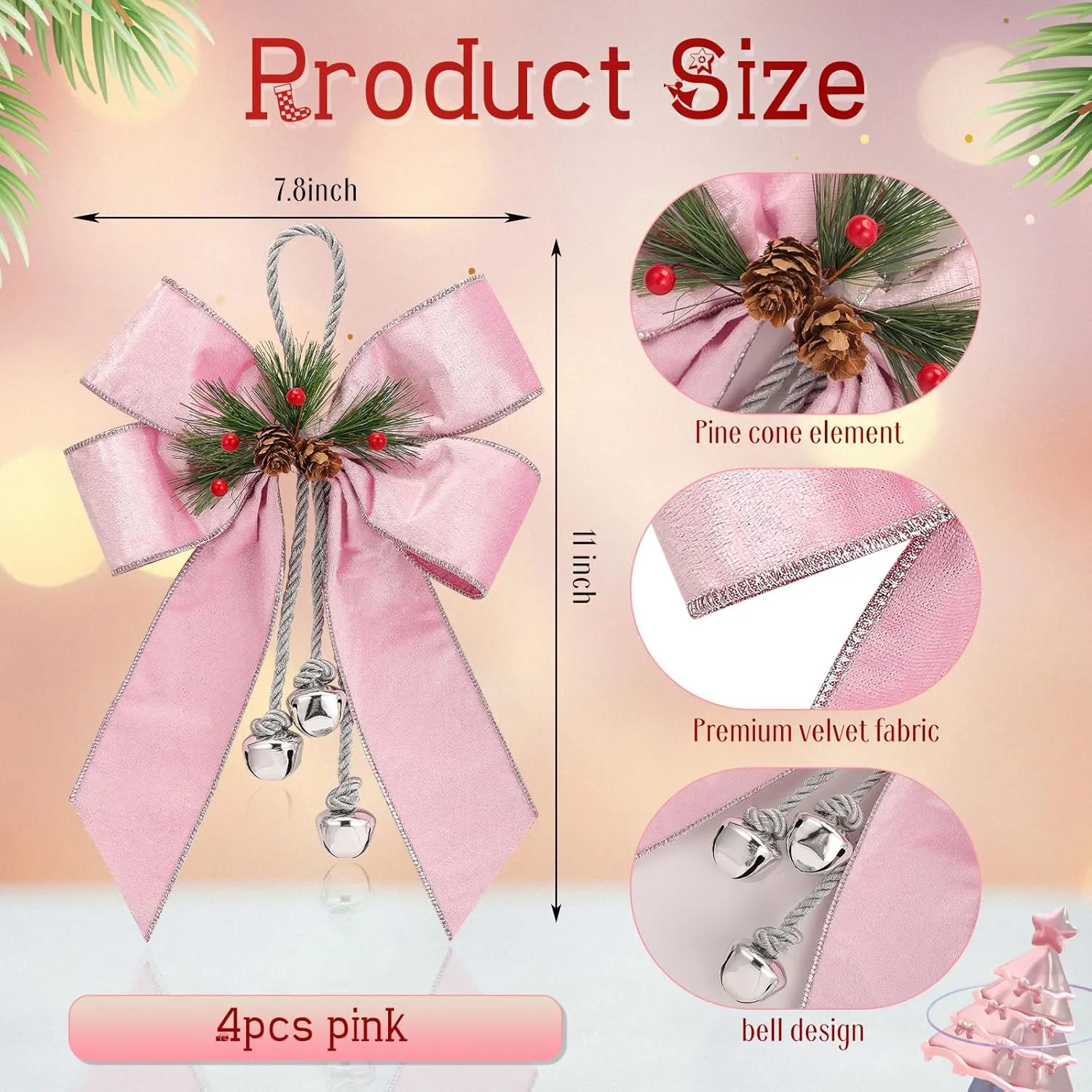 Yinkin Christmas Tree Wreath Bow Christmas Ribbon Bows with Bells 11 x 7.8 in Velvet Pine Cone Bowknot Xmas Tree Hanging Ornaments Decor for Home Xmas Party Outdoor Indoor(Rose Pink,4 Pcs)