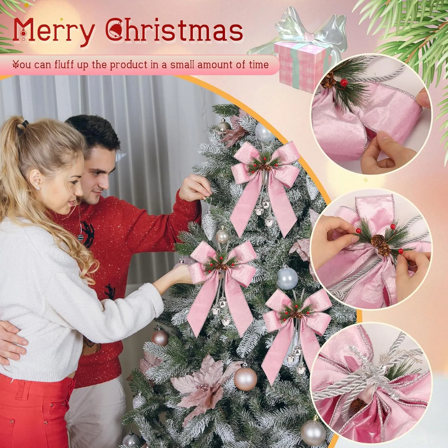 Yinkin Christmas Tree Wreath Bow Christmas Ribbon Bows with Bells 11 x 7.8 in Velvet Pine Cone Bowknot Xmas Tree Hanging Ornaments Decor for Home Xmas Party Outdoor Indoor(Rose Pink,4 Pcs)