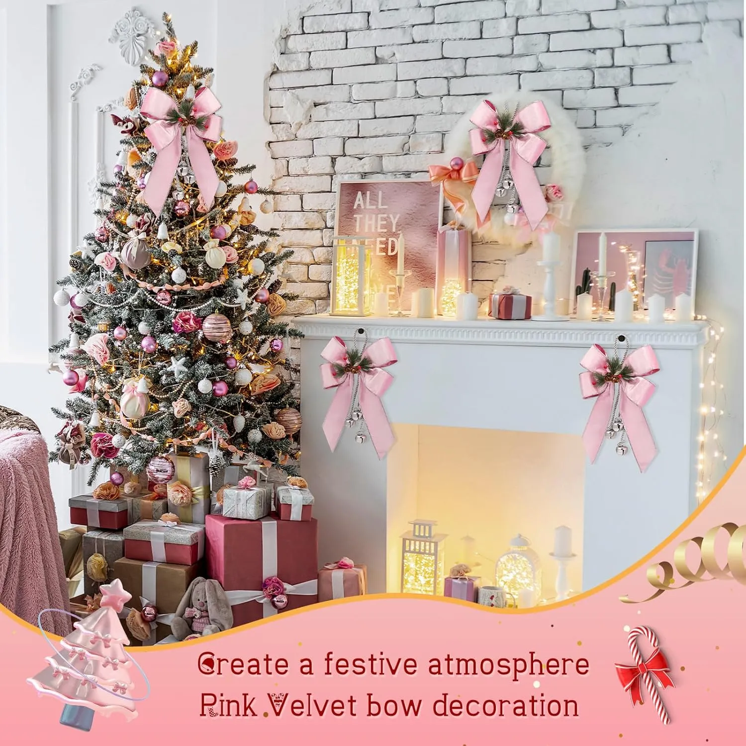 Yinkin Christmas Tree Wreath Bow Christmas Ribbon Bows with Bells 11 x 7.8 in Velvet Pine Cone Bowknot Xmas Tree Hanging Ornaments Decor for Home Xmas Party Outdoor Indoor(Rose Pink,4 Pcs)