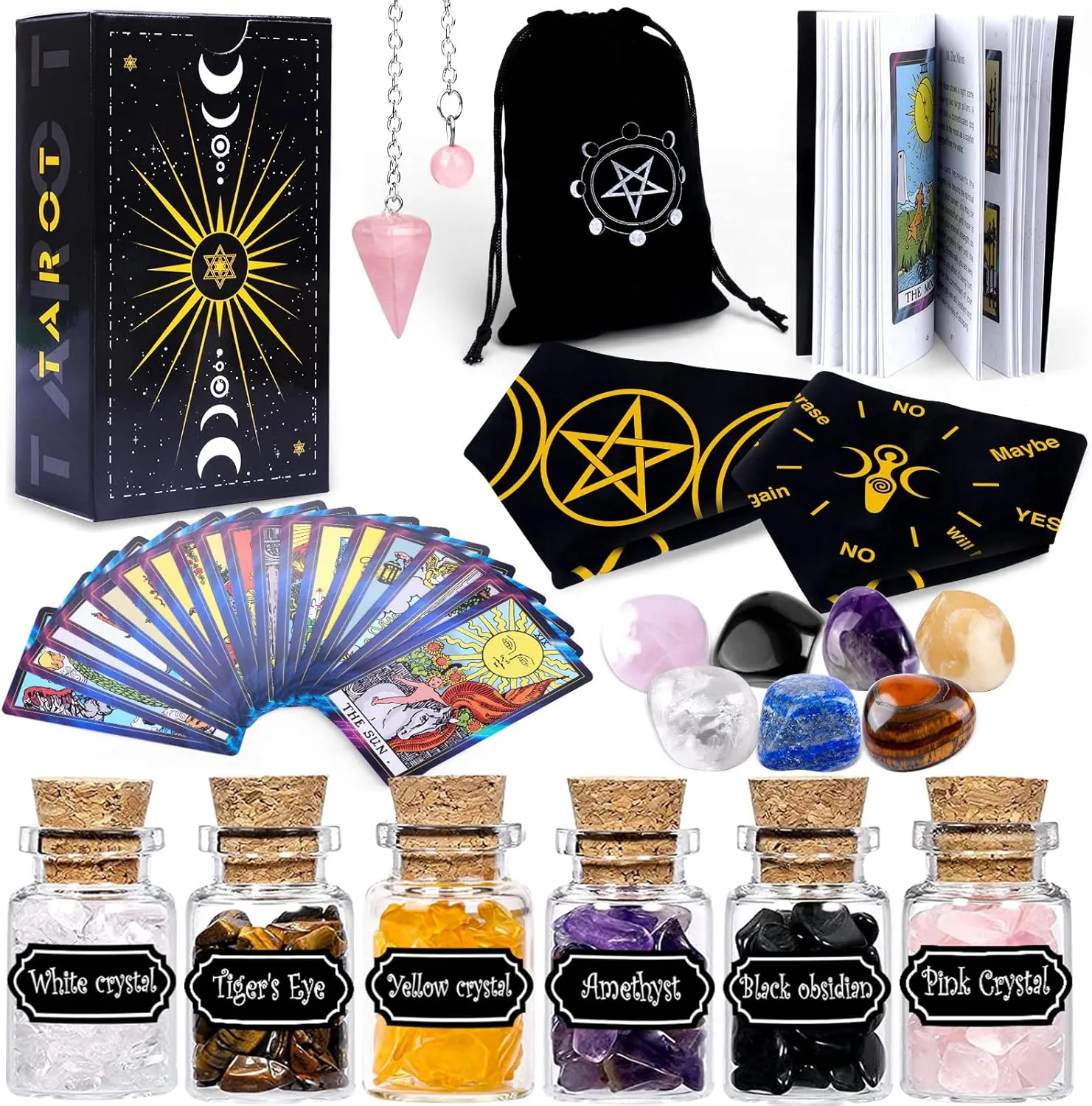 YixangDD Tarot Cards with Guide Book 18 Pcs Include 1 Deck of 78 Cards 、6 Mini Crystal Jars，7 Chakra Stones,1 Spirit Pendulum，1 Cloth ，1Goddess of Earth Pendulum mat，1 Velvet Bag