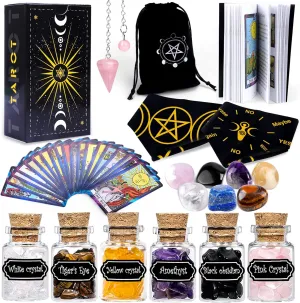 YixangDD Tarot Cards with Guide Book 18 Pcs Include 1 Deck of 78 Cards 、6 Mini Crystal Jars，7 Chakra Stones,1 Spirit Pendulum，1 Cloth ，1Goddess of Earth Pendulum mat，1 Velvet Bag