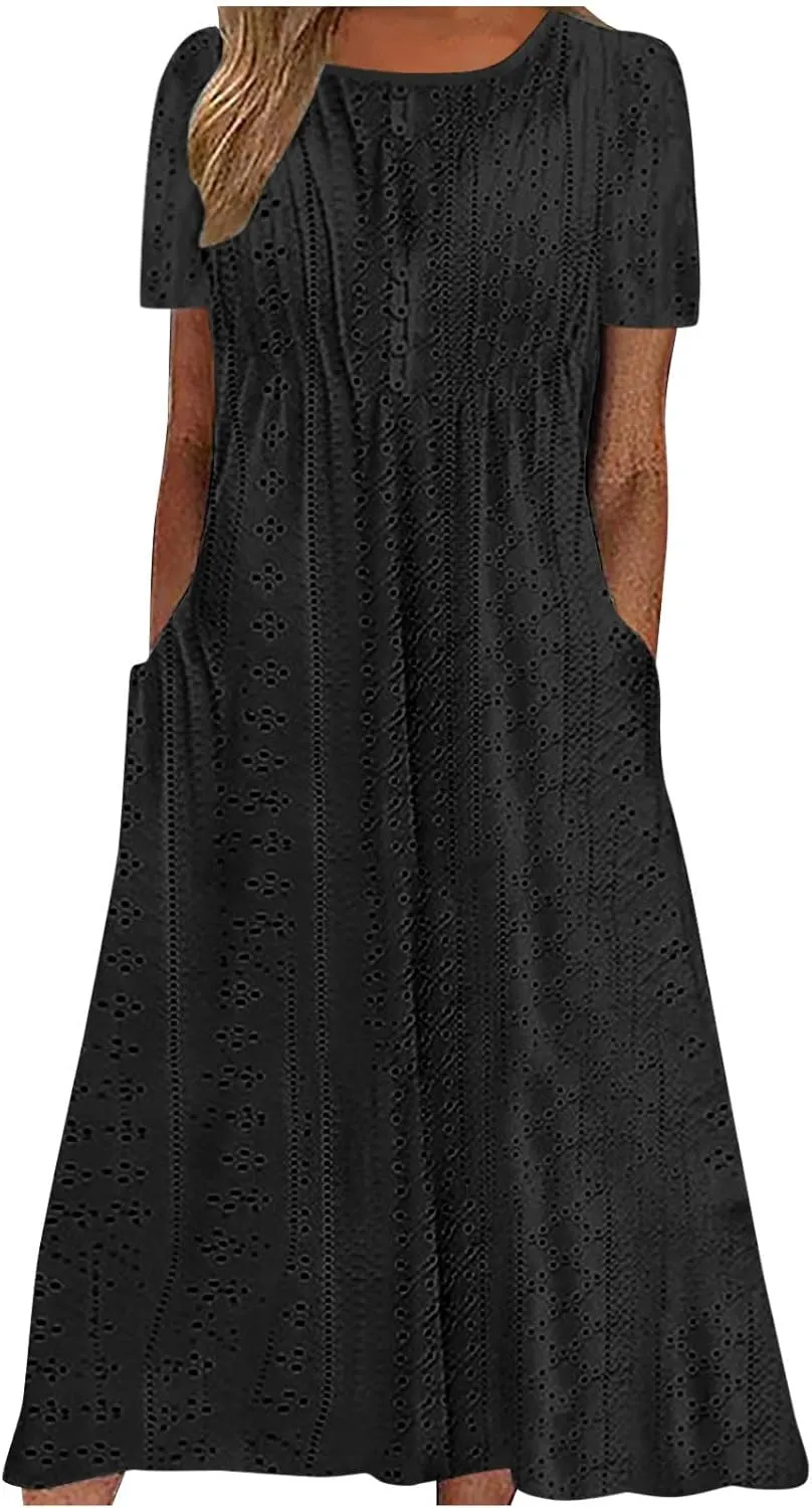 ZDRZK Sundresses for Women Eyelet Embroidery Solid Color Long Maxi Dresses Pockets Hollow Out Casual Dresses 2024 Trendy