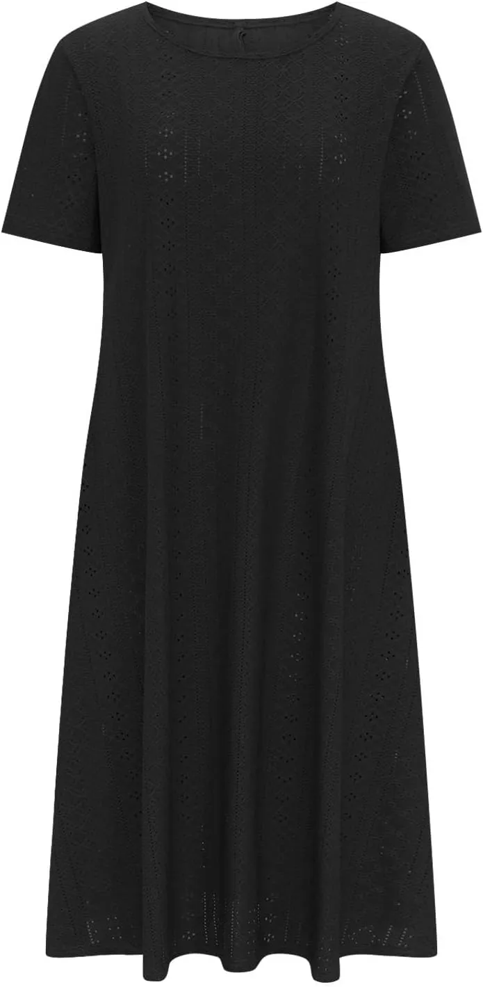 ZDRZK Sundresses for Women Eyelet Embroidery Solid Color Long Maxi Dresses Pockets Hollow Out Casual Dresses 2024 Trendy