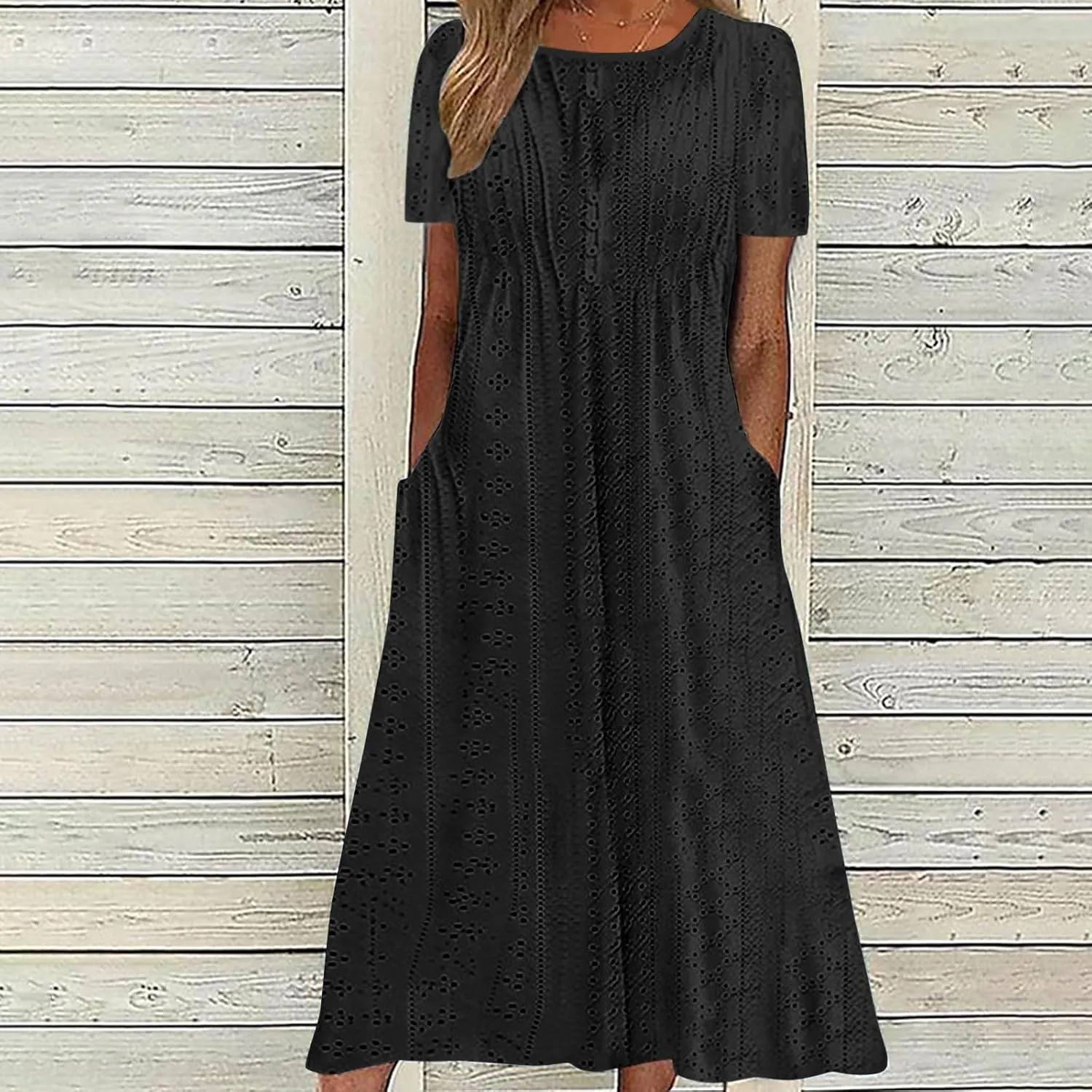 ZDRZK Sundresses for Women Eyelet Embroidery Solid Color Long Maxi Dresses Pockets Hollow Out Casual Dresses 2024 Trendy