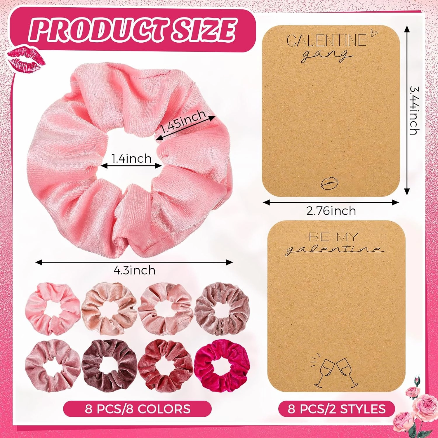 Zeyune 8 Set Galentine's Day Pink Hair Scrunchies with Card Velvet Soft Hair Ties Thick Elastic Bands Valentine's Gifts for Women Girls(Be My Galentine)