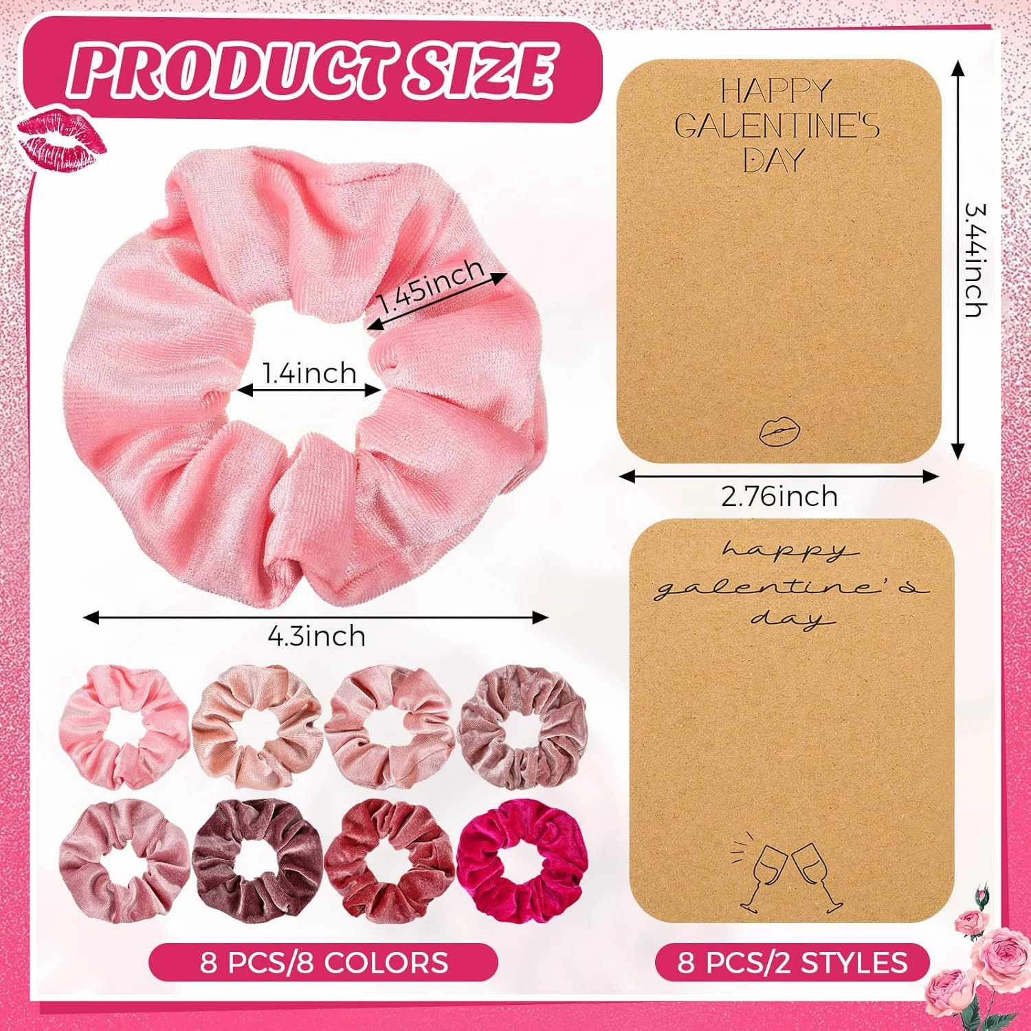 Zeyune 8 Set Galentine's Day Pink Hair Scrunchies with Card Velvet Soft Hair Ties Thick Elastic Bands Valentine's Gifts for Women Girls(Happy Galentine's Day)