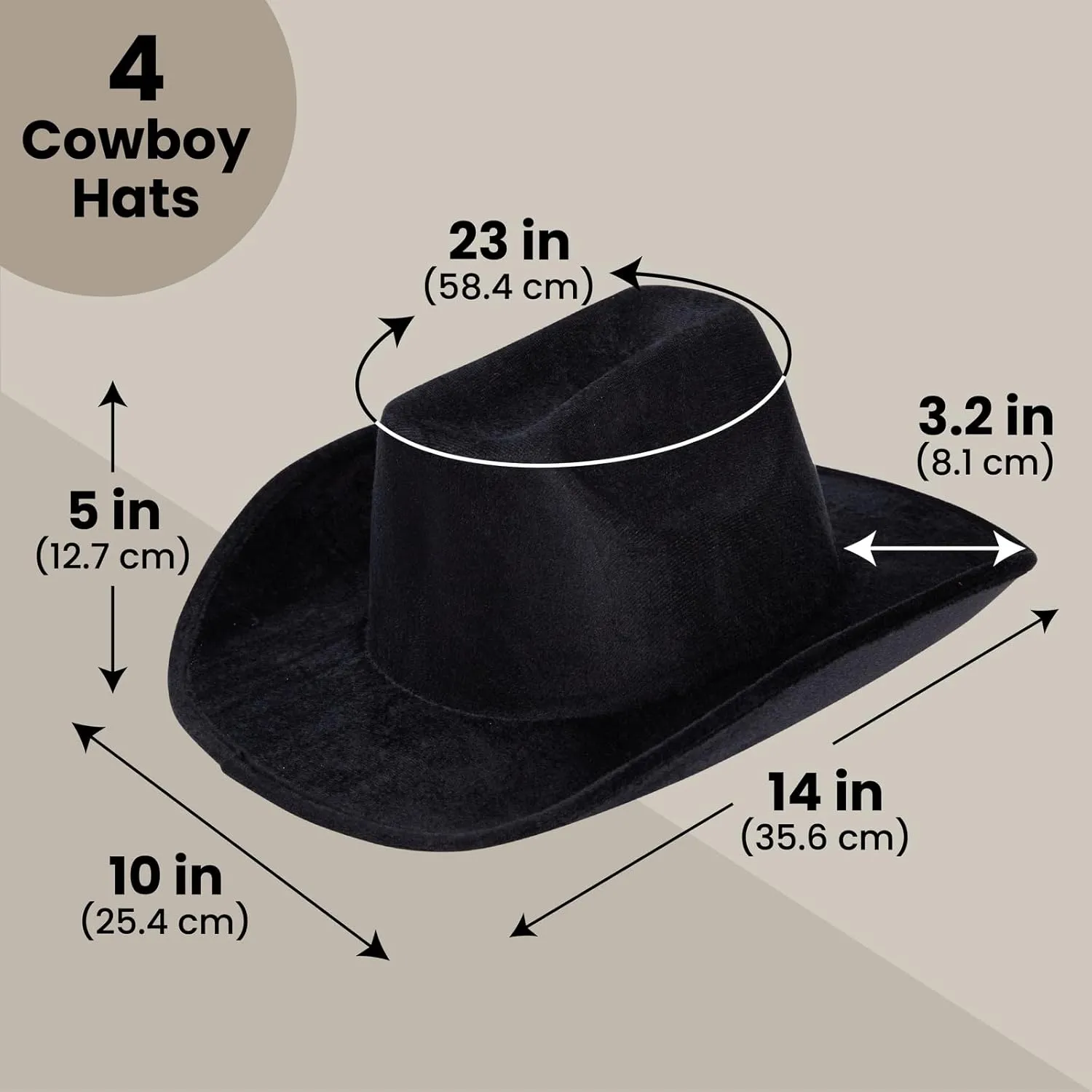 Zodaca 4-Pack Black Felt Cowboy Hats - Bulk Pack of Cowboy Hats for Men, Women, Girls, Halloween, Birthday, Bachelor, Bachelorette (Adult Size)