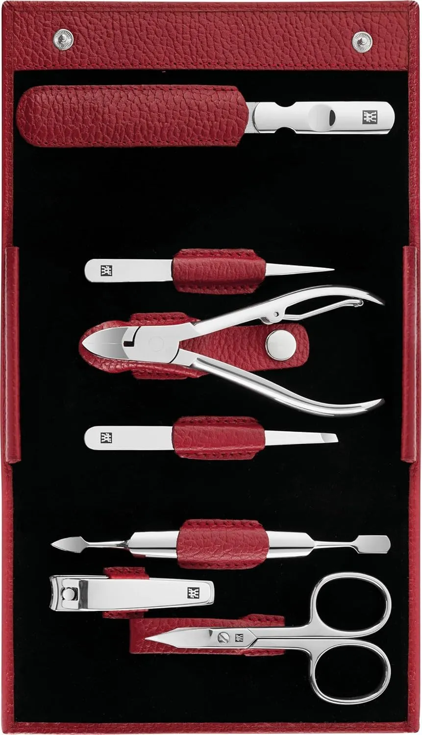 ZWILLING Beauty Classic INOX Manicure and Pedicure Nappa Leather Case with Snap Closure, Nail Care Kit, 8-Piece, Premium Travel Nail Kit, Red